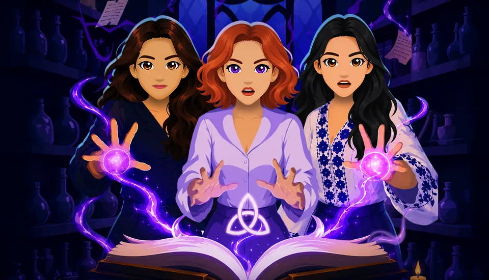 Three witches cast glowing spells over an open spellbook.