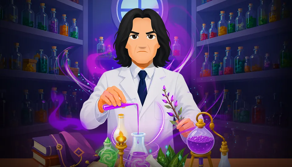 A wizard in a lab coat brews a bubbling purple potion in front of shelves of bottles.