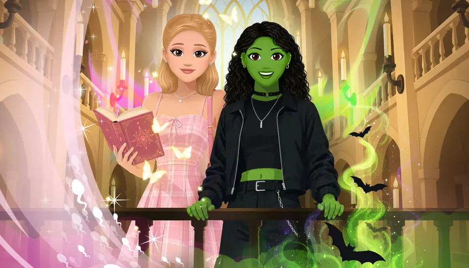 A good witch with a spellbook and a green-skinned witch stand side by side in a great hall.