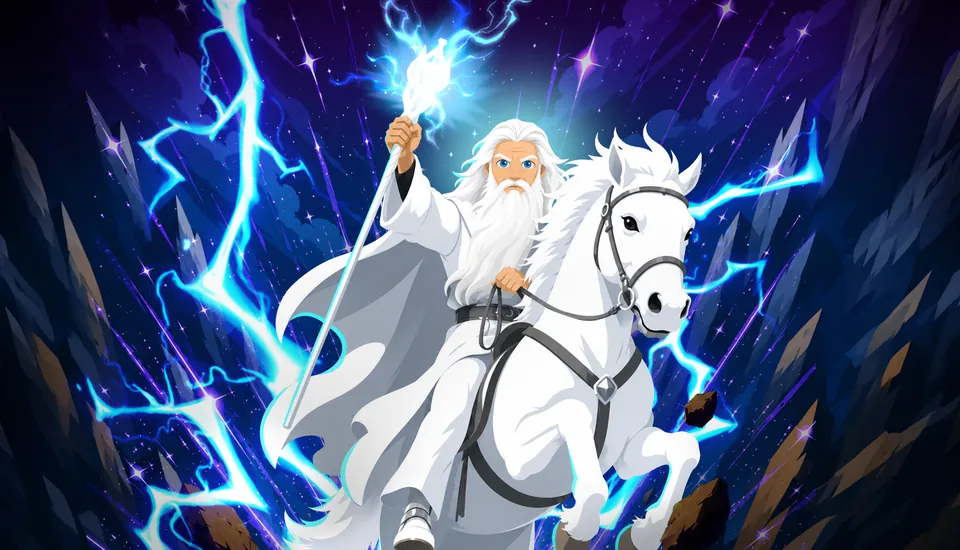 A white-bearded wizard on a white horse raises a staff amid lightning.