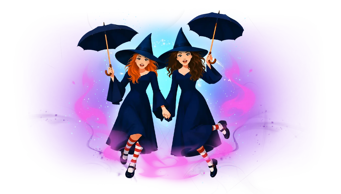 Two witches in pointed hats hold hands and float on umbrellas through swirling purple magic.