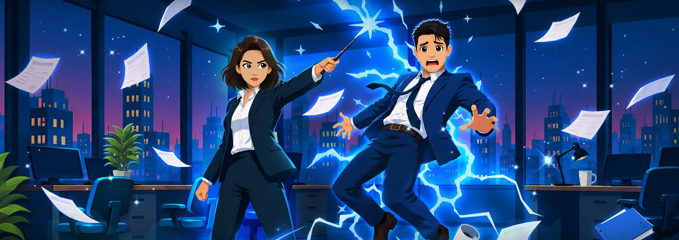 In an office at night, a woman points a wand at a man in a suit as lightning crackles around him and papers fly.