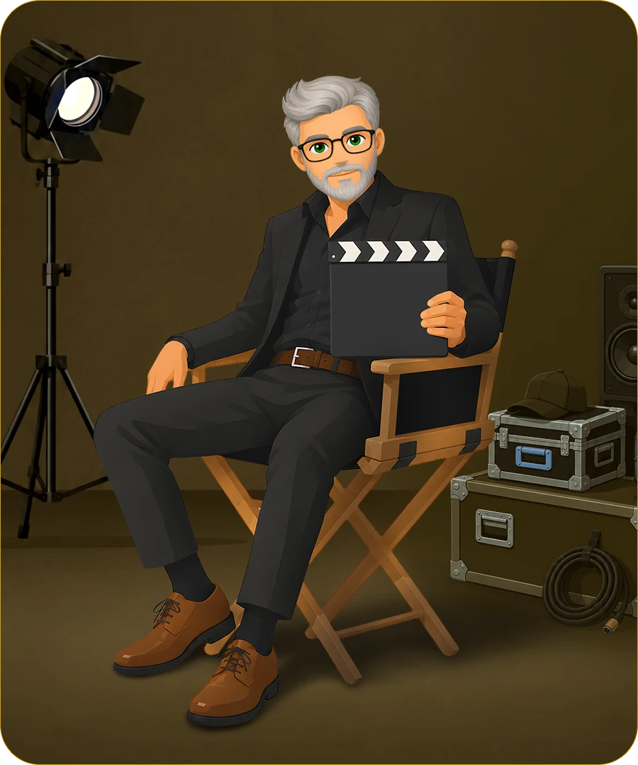 The Movie Director character — an auteur seated in a director’s chair with a clapperboard on a studio set.