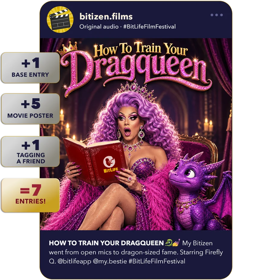 Example entry: a “How To Train Your Dragqueen” movie poster posted by @bitizen.films — showing how entries add up (+1 base, +5 movie poster, +1 tag a friend = 7 entries).