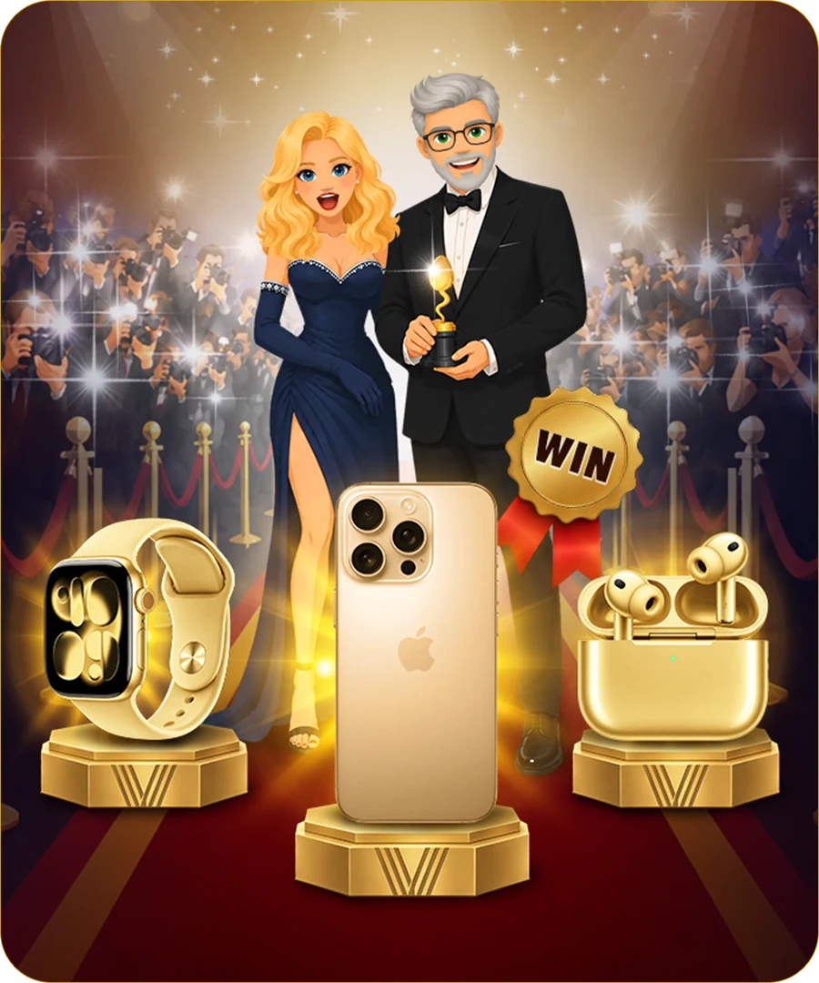 A BitLife starlet and director on the red carpet with the gold Apple Watch, iPhone Pro and AirPods Pro prizes.