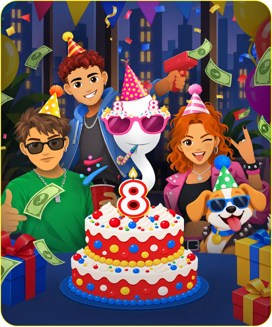 Four Bitizens and a dog in party hats around a birthday cake with a number 8 candle, cash and confetti flying.